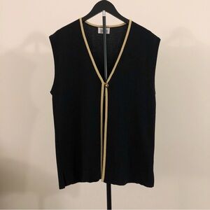 Eugen Klein Sleeveless Knit Vest Cardigan Sweater Black Beige Trim